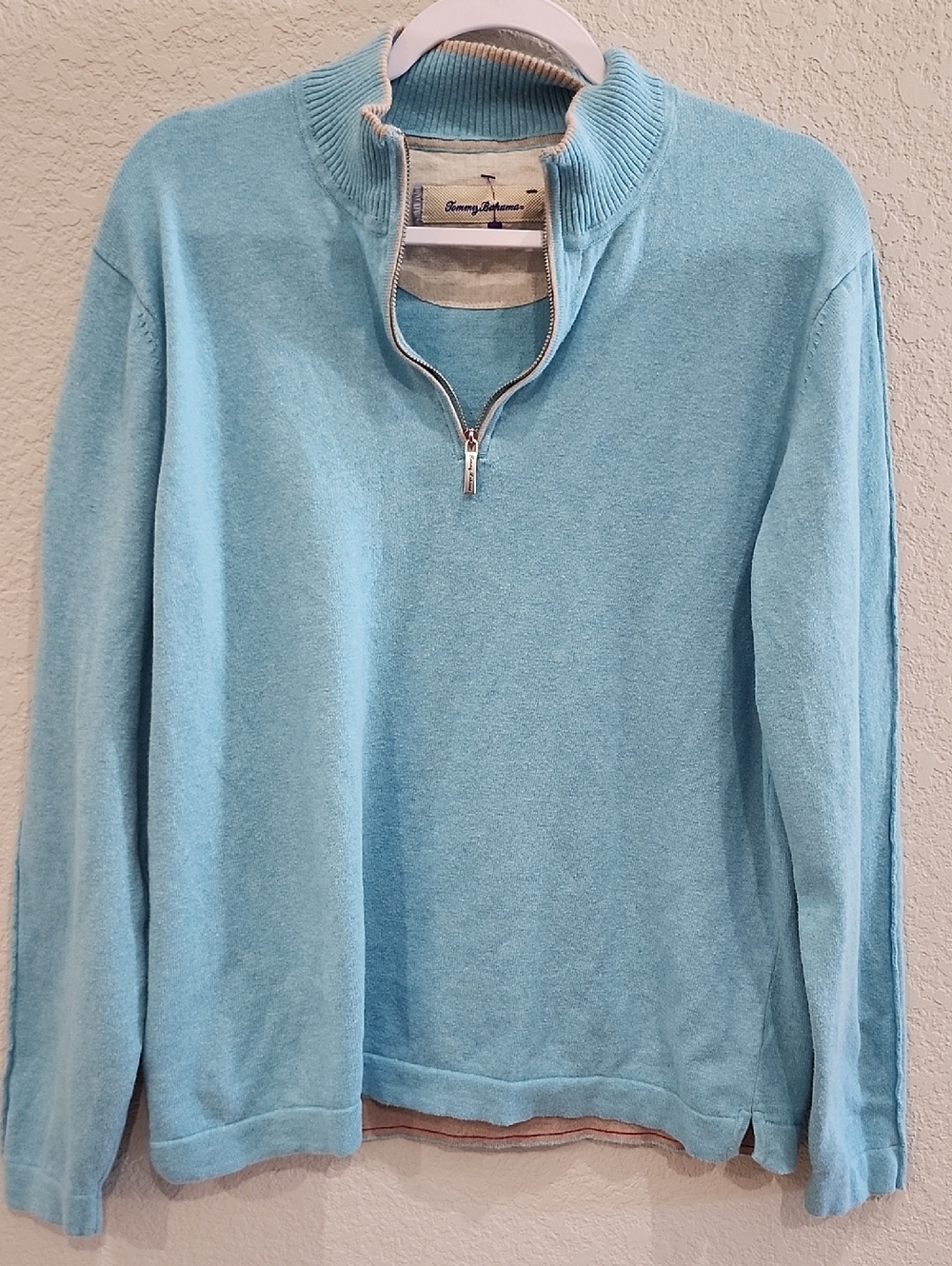 Tommy Bahama Preppy Sky Blue Half Zip Pullover Sweater Beach Vacation Resort Lrg